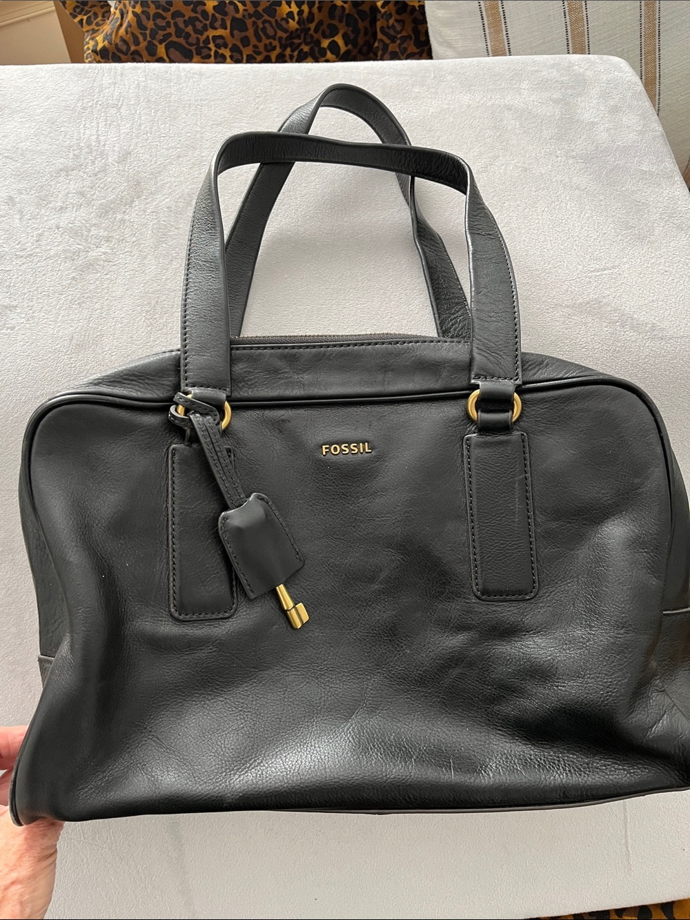 Vintage Fossil Black Leather Tote with Gold Hardware